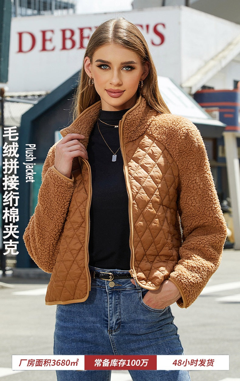 Shiny Velvet2023New Autumn Winter Women's Clothing Cross-border Amazon Cardigan Zipper Long-sleeved stuffed Stitching European and American Coat Women