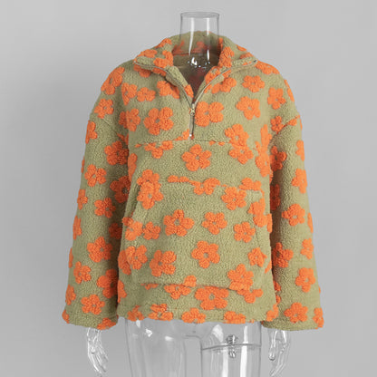 Cross-border fleece floral sweatshirt Europe and America2025Autumn and Winter New Fashion Sweatshirt Warm Fuzzy Sweatshirt Fleece Top for Women