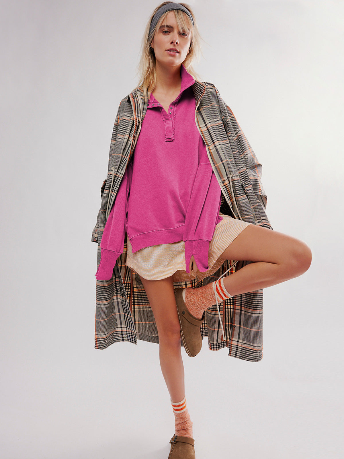 2024Amazon Hot-Selling Design Women's High-Quality Lantern Sleeve Decorative Line Split Collar Loose Sweatshirt