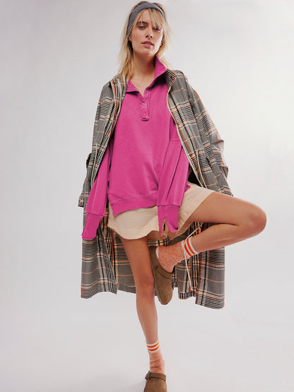 2024Amazon Hot-Selling Design Women's High-Quality Lantern Sleeve Decorative Line Split Collar Loose Sweatshirt