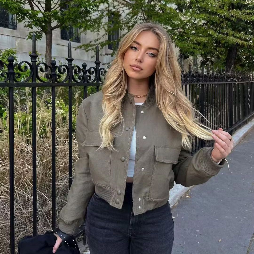 11Color Amazon Cross-Border2025Spring and Autumn New European and American Style Stand Collar Large Pocket Women's Jacket Coat A19621