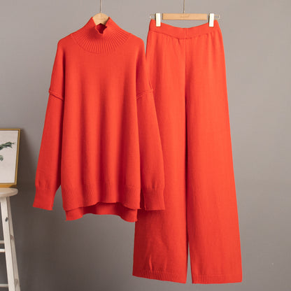 Cross-Border Turtleneck Sweater Set for Women, European and American Style, Autumn and Winter New Loose Casual Thick Knitted Long Pants Set