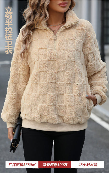 2024Shiny Velvet Autumn Winter New European and American Cross-Border Women's Half-Zip Stand Collar Loose Plaid Fuzzy Pullover Sweatshirt