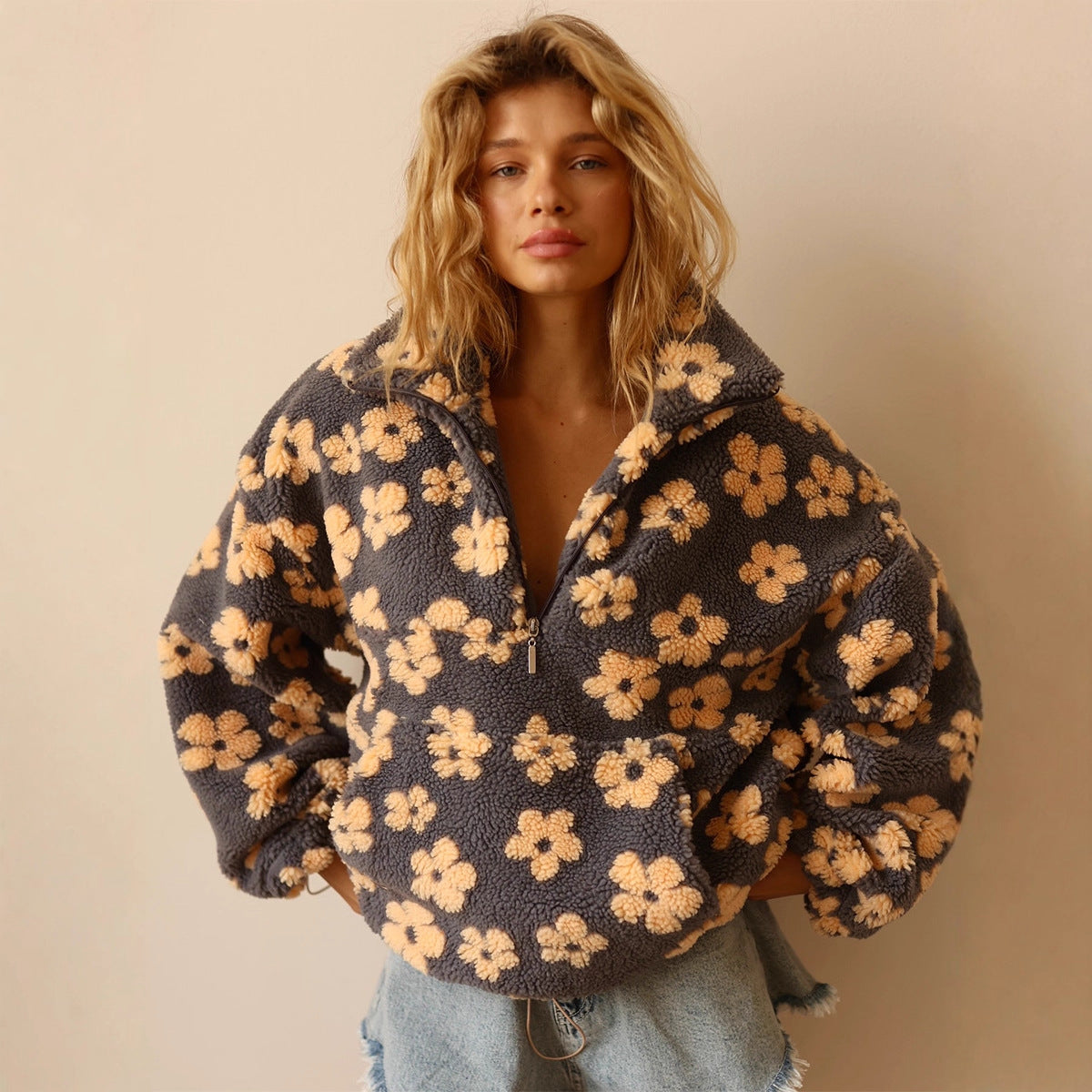 Cross-border fleece floral sweatshirt Europe and America2025Autumn and Winter New Fashion Sweatshirt Warm Fuzzy Sweatshirt Fleece Top for Women