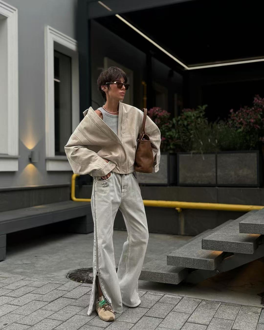 Cross-border Wholesale European and American Style2025Autumn and Winter Fashion Turn-Down Collar Suede Texture Loose Flight Jacket for Women A6