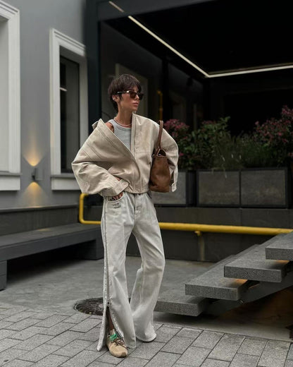 Cross-border Wholesale European and American Style2025Autumn and Winter Fashion Turn-Down Collar Suede Texture Loose Flight Jacket for Women A6