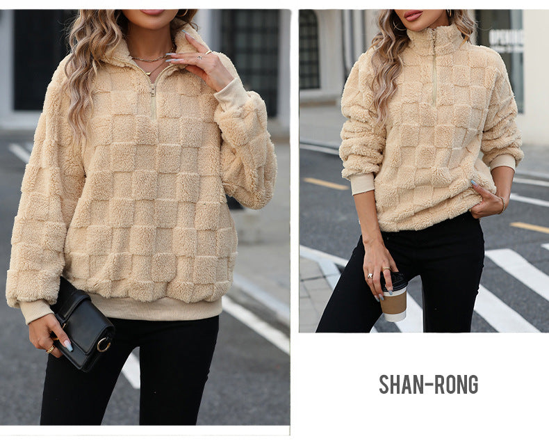 2024Shiny Velvet Autumn Winter New European and American Cross-Border Women's Half-Zip Stand Collar Loose Plaid Fuzzy Pullover Sweatshirt