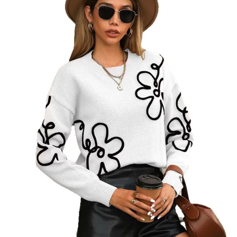 Cross-Border European and American Autumn Winter New Women's Sweater Fashion Flower Three-Dimensional Embroidery Round Neck Pullover Long Sleeve Knitted Sweater for Women
