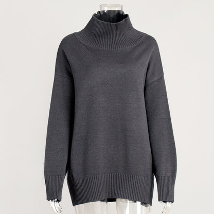 Cross-Border2025Hot-Selling European and American Style Autumn Winter Solid Color High Neck Knitted Sweater Loose Slimming Versatile Knitted Sweater for Women