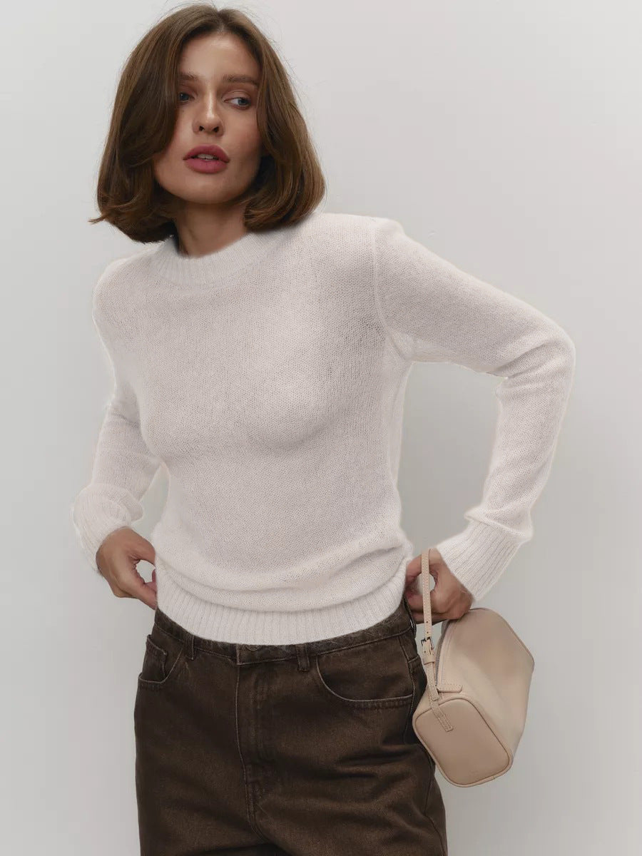 Cross-border Mohair Crew Neck Pullover Sweater European and American Style2025Spring and Summer New Comfortable Knitted Base Semi-Transparent Sweater for Women