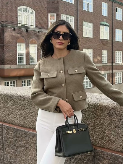 Wholesale Cross-Border Amazon Autumn Winter New Women's Fashion Small Fragrance Style Button Decor Short Blazer B88646