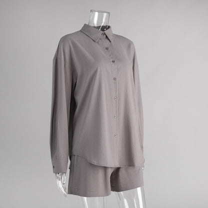 Cross-border pure cotton cardigan long sleeve shorts set2025Spring and summer outerwear simple solid color European and American style casual suit for women