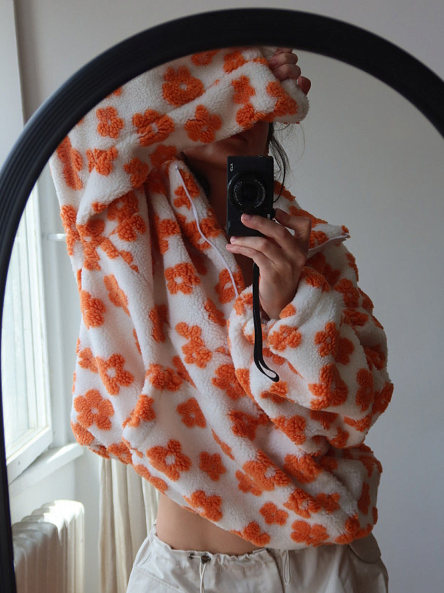 Cross-border fleece floral sweatshirt Europe and America2025Autumn and Winter New Fashion Sweatshirt Warm Fuzzy Sweatshirt Fleece Top for Women