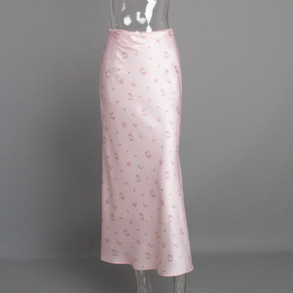 Cross-border Printed Midi Skirt European and American Style2025Spring and Summer New Elegant Floral Satin Printed Draped High-Waisted Skirt