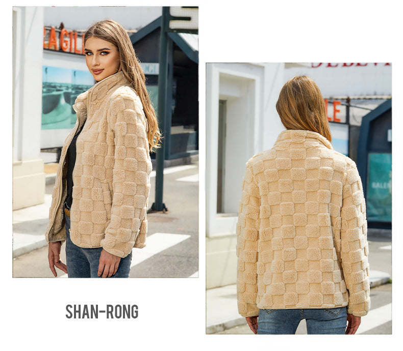 Shiny Velvet2023Autumn and Winter New Cross-Border European and American Women's Long Sleeve Cardigan Zipper Loose Solid Color Plaid Fuzzy Coat