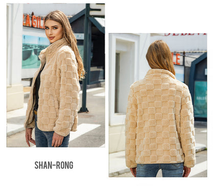 Shiny Velvet2023Autumn and Winter New Cross-Border European and American Women's Long Sleeve Cardigan Zipper Loose Solid Color Plaid Fuzzy Coat