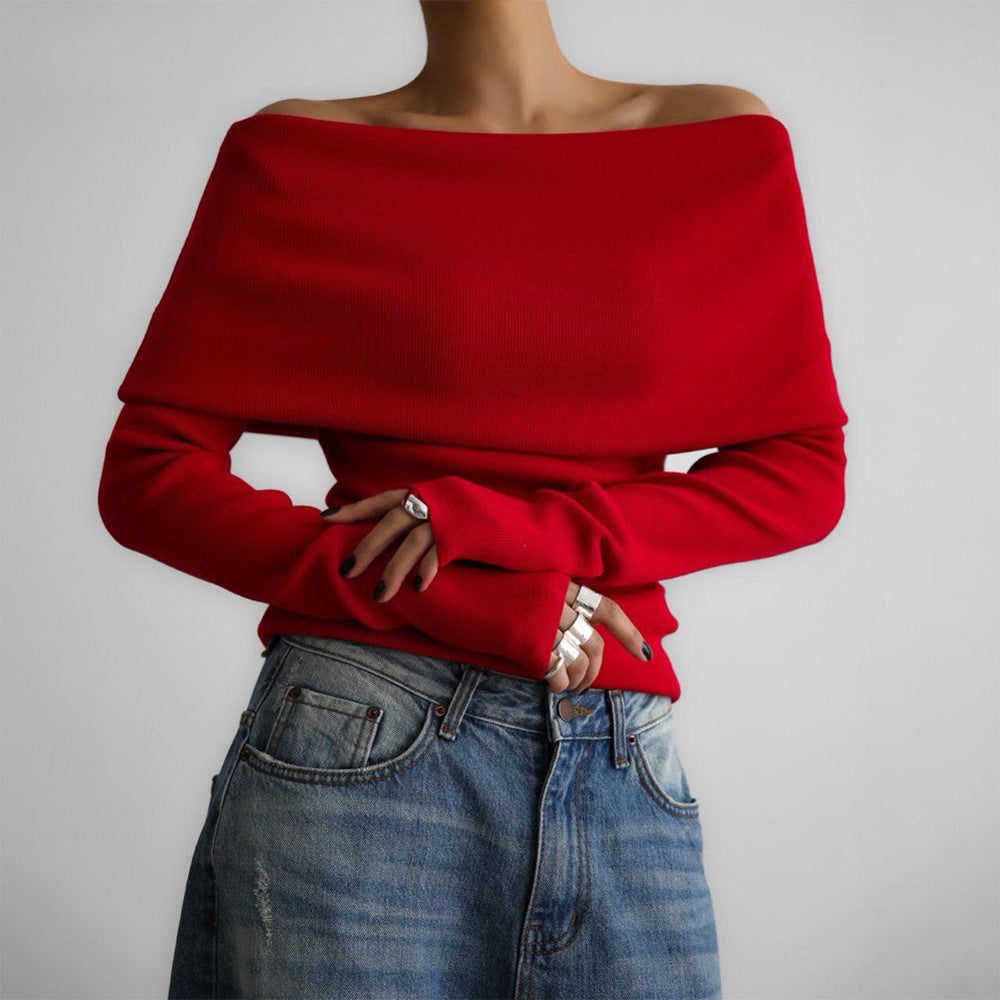Cross-border Women's Sweater2025Autumn Winter European American Style Long Sleeve Knitted Bottoming Shirt One Shoulder Sexy Slim Off Shoulder Top
