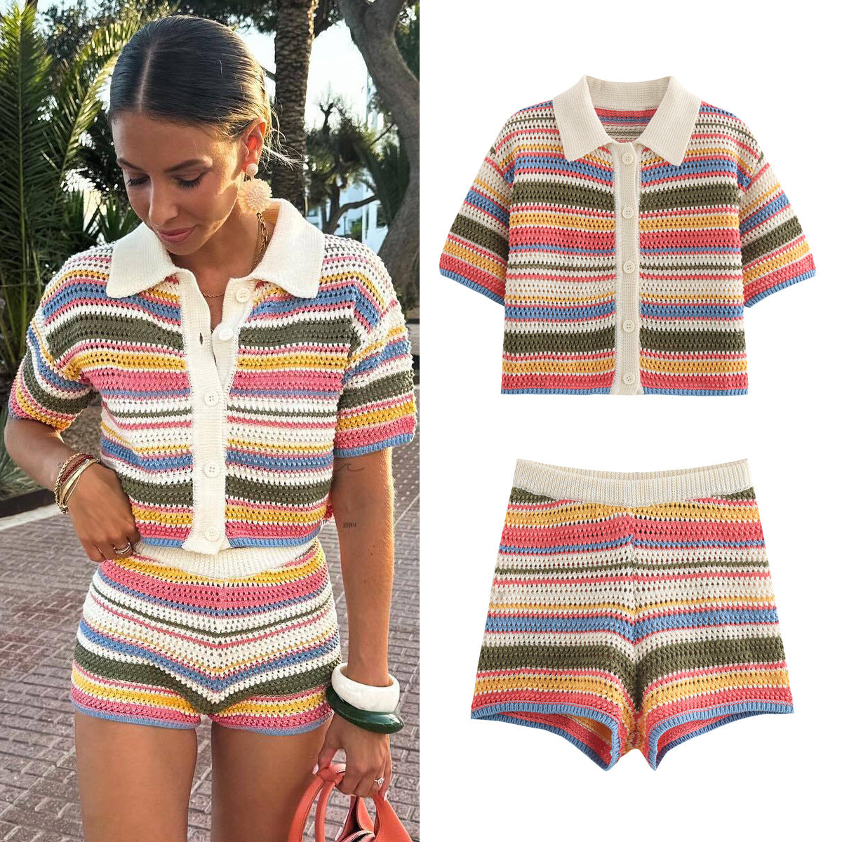 Amazon Cross-Border Europe and America2025Spring New Crochet POLO Collared Knitted Top and Shorts Set B62049