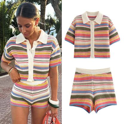 Amazon Cross-Border Europe and America2025Spring New Crochet POLO Collared Knitted Top and Shorts Set B62049