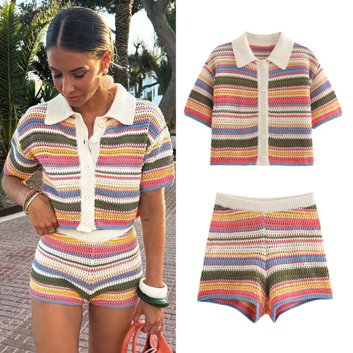 Amazon Cross-Border Europe and America2025Spring New Crochet POLO Collared Knitted Top and Shorts Set B62049