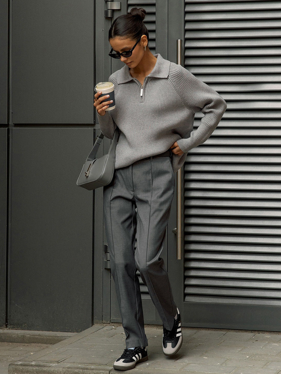 Cross-Border European and American Style2025Autumn and Winter New Trend Versatile Simple Casual Polo Turn-Down Collar Pullover Knitted Sweater