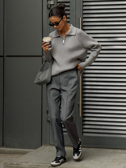 Cross-Border European and American Style2025Autumn and Winter New Trend Versatile Simple Casual Polo Turn-Down Collar Pullover Knitted Sweater