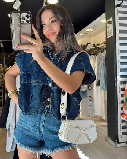 Amazon Women's Solid Color Large Pocket Sleeveless High-End Cardigan Polo Collared Shirt Denim Top A19846