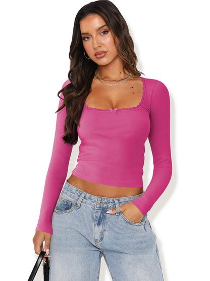 New Long Sleeve t T-shirt Women's Clothing wish Cross-border Trendy Brand Slim Fit Lace Patchwork Hot Girl Top U Collared Base Shirt