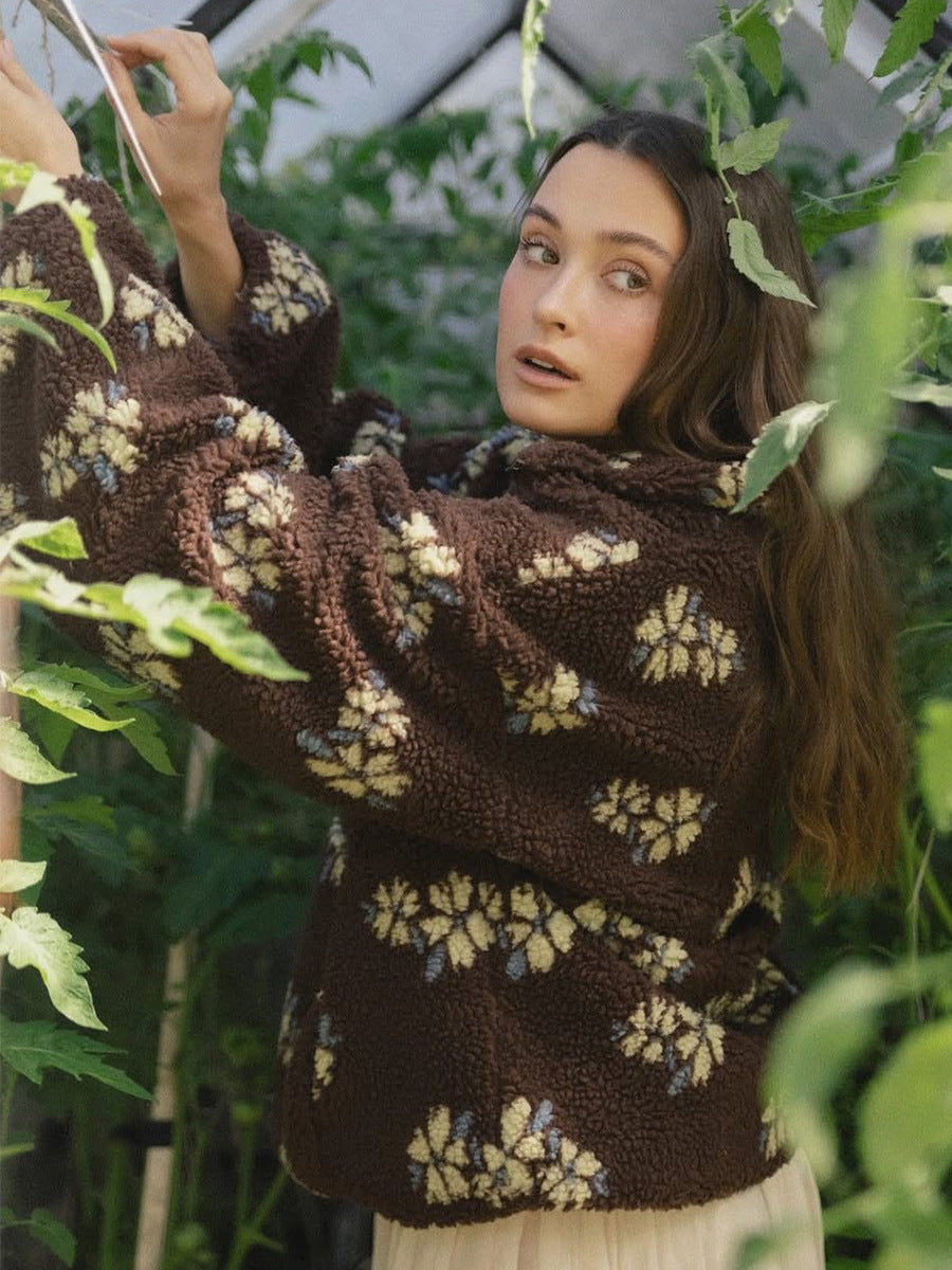 Cross-border fleece floral sweatshirt Europe and America2025Autumn and Winter New Fashion Sweatshirt Warm Fuzzy Sweatshirt Fleece Top for Women