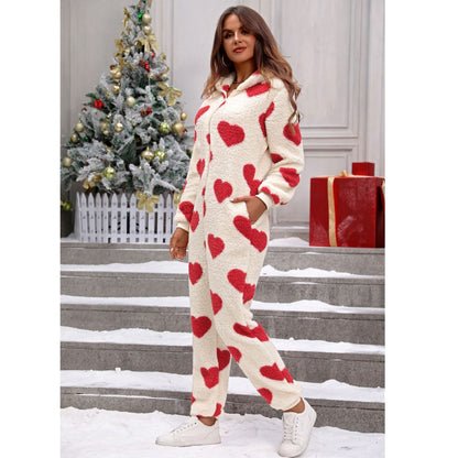 Shiny Velvet2023Cross-border European and American Women's Clothing Amazon Autumn and Winter New Plush Love Heart Print Christmas Hooded Jumpsuit