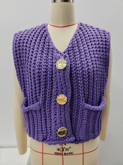 11Color Amazon2024Spring and Autumn New Women's Fashion European and American Style Pocket Sleeveless Short Knitted Cardigan Vest