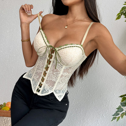 Sultyra Embroidered Tie Zipper Irregular Slim Fit Sheer Camisole