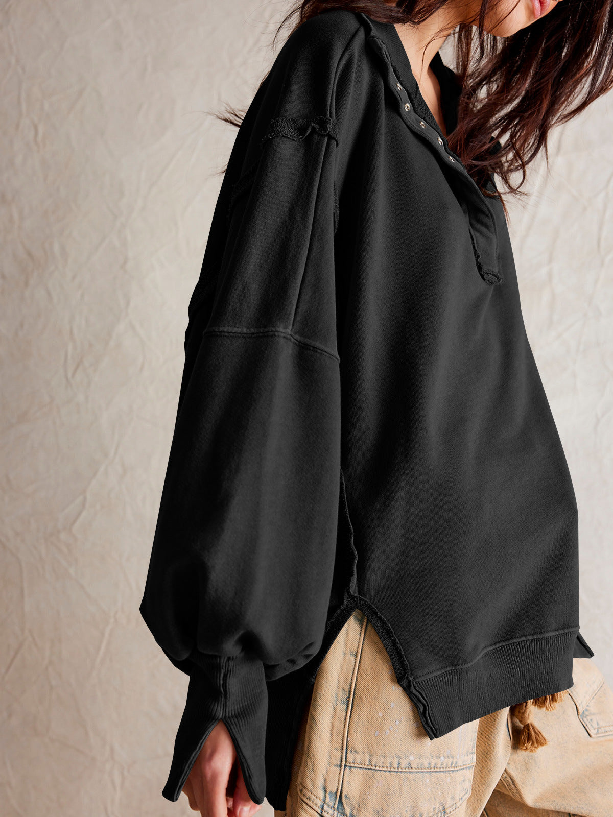 2024Amazon Hot-Selling Design Women's High-Quality Lantern Sleeve Decorative Line Split Collar Loose Sweatshirt