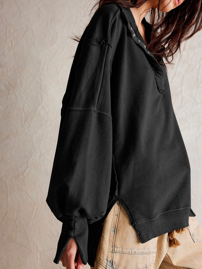 2024Amazon Hot-Selling Design Women's High-Quality Lantern Sleeve Decorative Line Split Collar Loose Sweatshirt