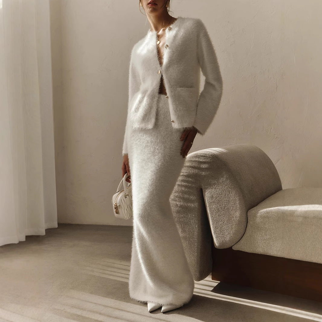 Cross-border Plush Long Sleeve Half-length Dress Set European and American Style2025Autumn and Winter New Single-Breasted Cardigan and Skirt Set