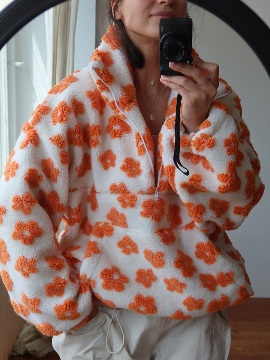 Cross-border fleece floral sweatshirt Europe and America2025Autumn and Winter New Fashion Sweatshirt Warm Fuzzy Sweatshirt Fleece Top for Women