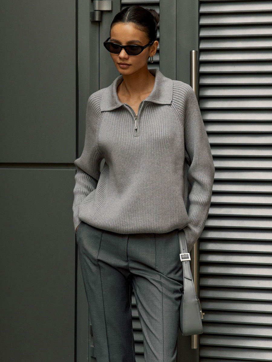 Cross-Border European and American Style2025Autumn and Winter New Trend Versatile Simple Casual Polo Turn-Down Collar Pullover Knitted Sweater