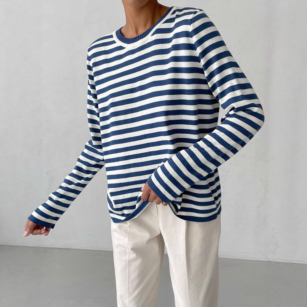 Cross-border Round Neck Knitted Striped Sweater European and American Style2025Spring Versatile Classic Retro Striped Pullover Sweater for Women