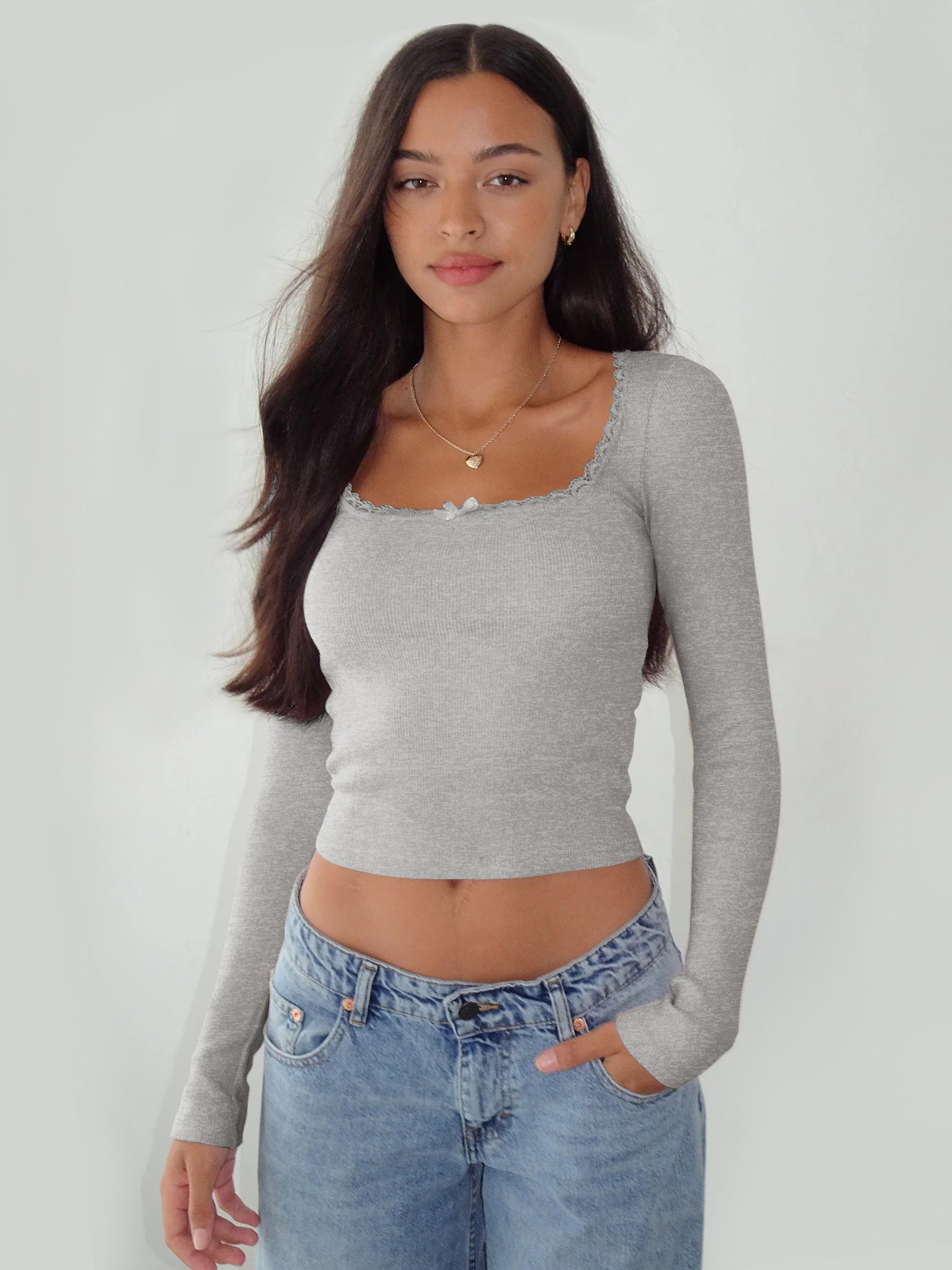 New Long Sleeve t T-shirt Women's Clothing wish Cross-border Trendy Brand Slim Fit Lace Patchwork Hot Girl Top U Collared Base Shirt