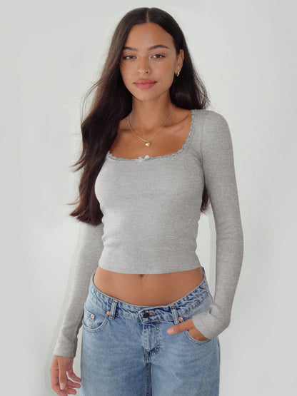 New Long Sleeve t T-shirt Women's Clothing wish Cross-border Trendy Brand Slim Fit Lace Patchwork Hot Girl Top U Collared Base Shirt