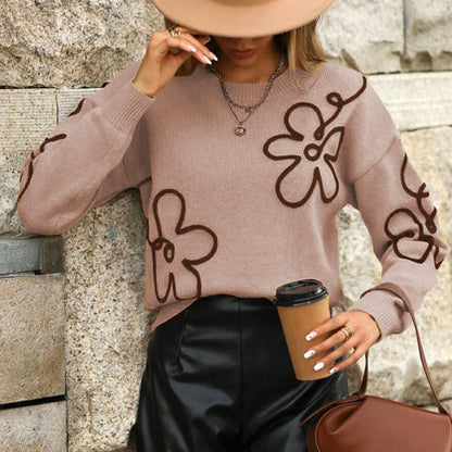Cross-Border European and American Autumn Winter New Women's Sweater Fashion Flower Three-Dimensional Embroidery Round Neck Pullover Long Sleeve Knitted Sweater for Women