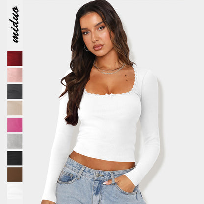 New Long Sleeve t T-shirt Women's Clothing wish Cross-border Trendy Brand Slim Fit Lace Patchwork Hot Girl Top U Collared Base Shirt