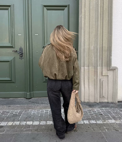 2025Spring and Autumn European and American Style Bomber Jacket with Batwing Sleeves, Zipper, Loose Fit, Suede Texture, Women's Casual Coat B6