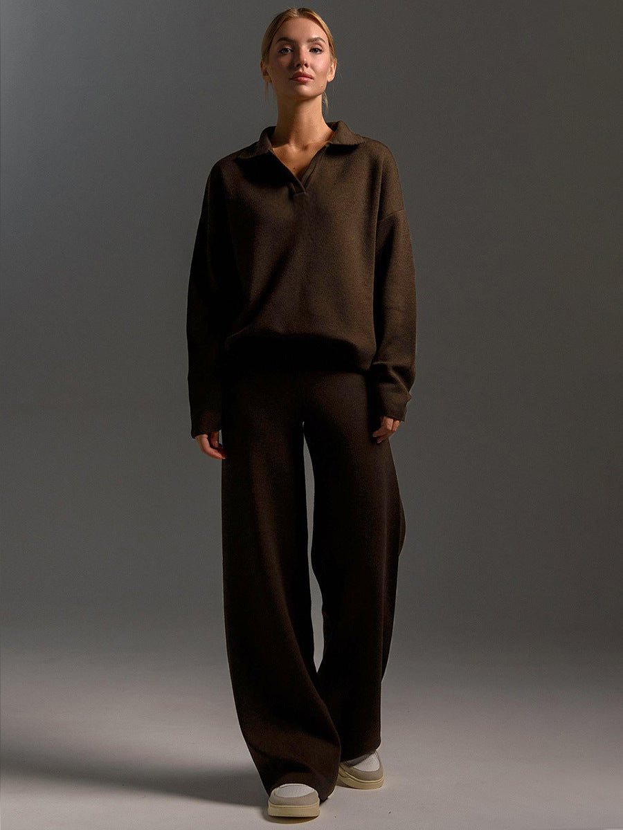 Sultyra Sweater Suit Polo Knitted Pullover Sweater+Wide-leg Pants Two-piece Set