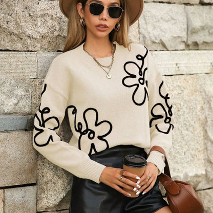 Cross-Border European and American Autumn Winter New Women's Sweater Fashion Flower Three-Dimensional Embroidery Round Neck Pullover Long Sleeve Knitted Sweater for Women
