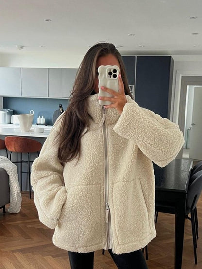 Cross-Border2024European and American Style Autumn Winter New Women's Solid Color Lazy Style Lamb Wool High Neck Woolen Coat A65002