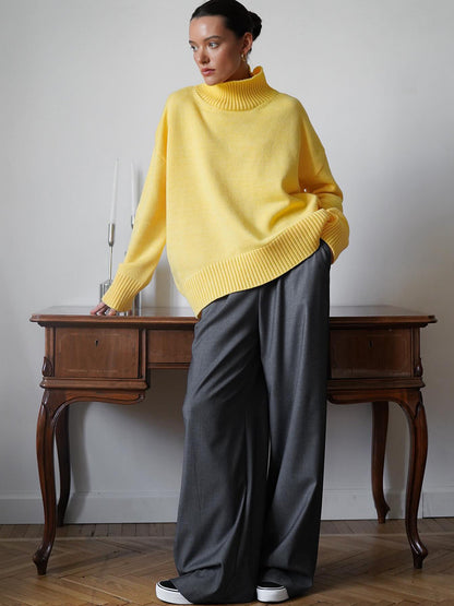 Cross-Border2025Hot-Selling European and American Style Autumn Winter Solid Color High Neck Knitted Sweater Loose Slimming Versatile Knitted Sweater for Women