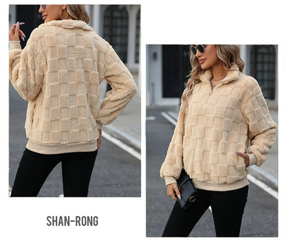 2024Shiny Velvet Autumn Winter New European and American Cross-Border Women's Half-Zip Stand Collar Loose Plaid Fuzzy Pullover Sweatshirt