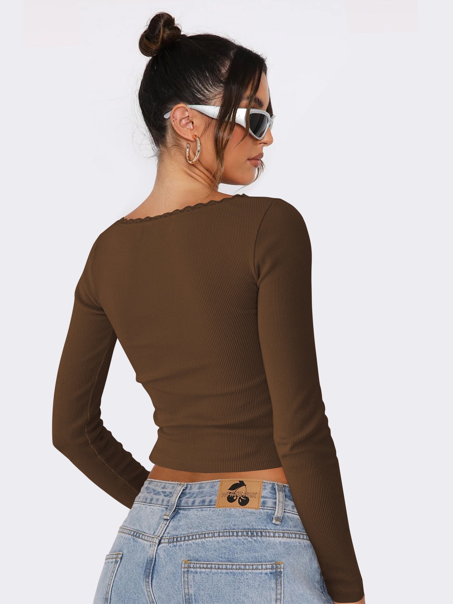 New Long Sleeve t T-shirt Women's Clothing wish Cross-border Trendy Brand Slim Fit Lace Patchwork Hot Girl Top U Collared Base Shirt