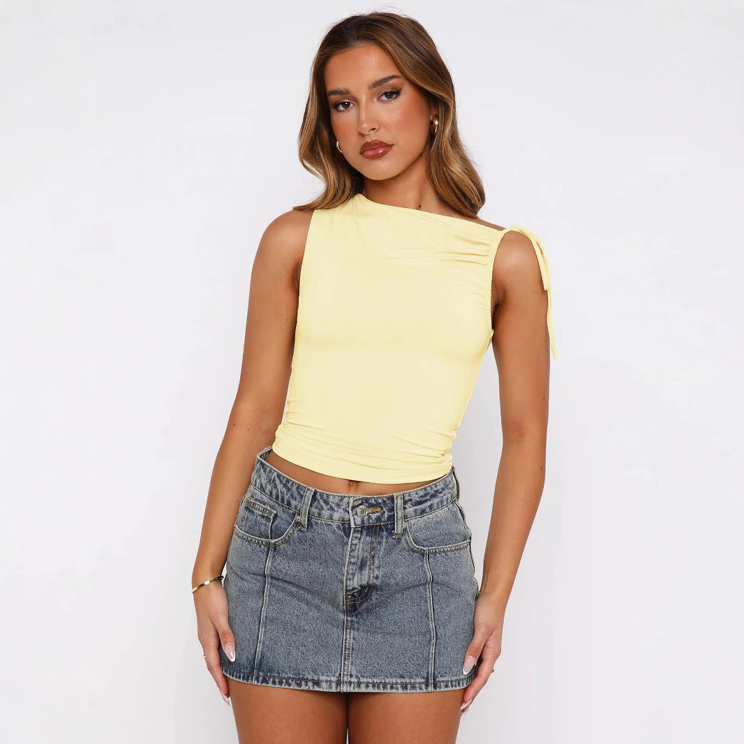 European and american women's clothing2025Spring Summer New Fashion Personality Irregular Strap Drawstring Tie Pleated Crop Top for Women